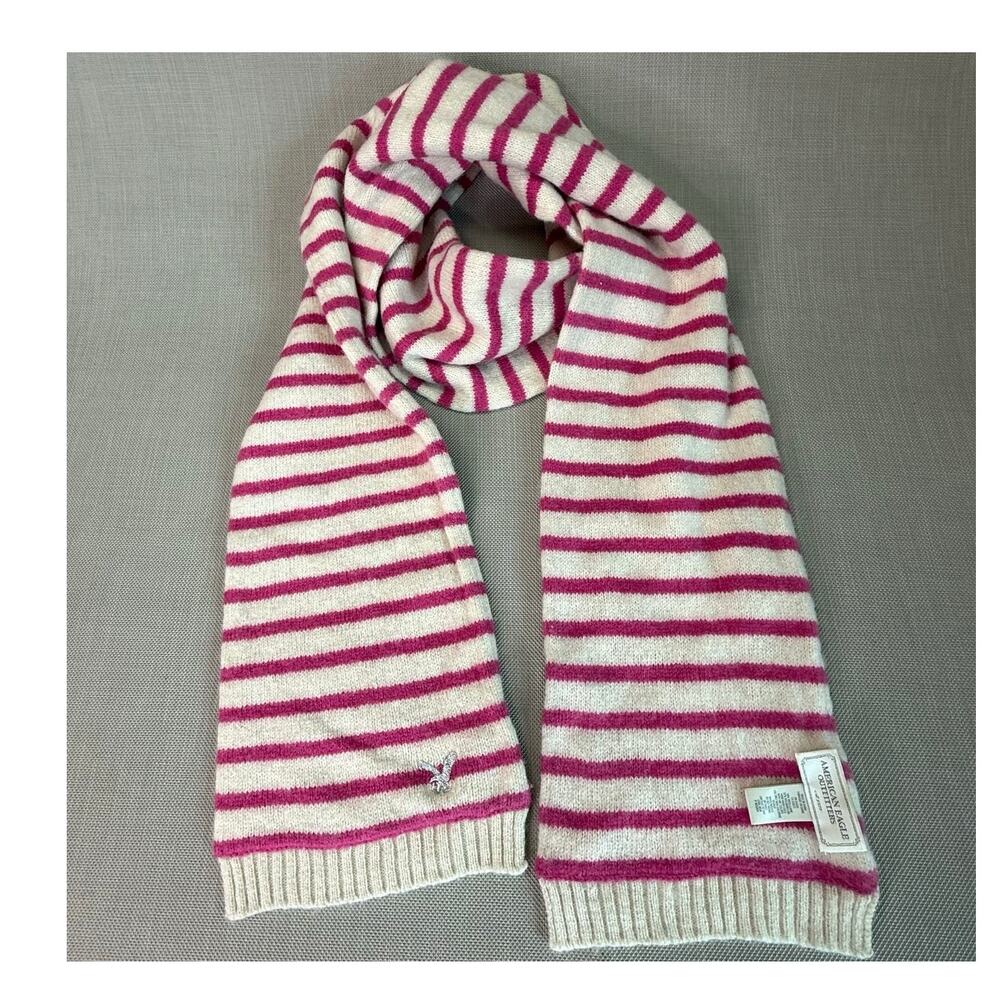 American Eagle Vintage Y2K Striped Knit Scarf Pink Cream Wool Blend 70X7 Winter